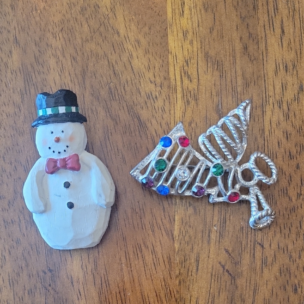 Vintage Festive Snowman and Angel Brooch Set